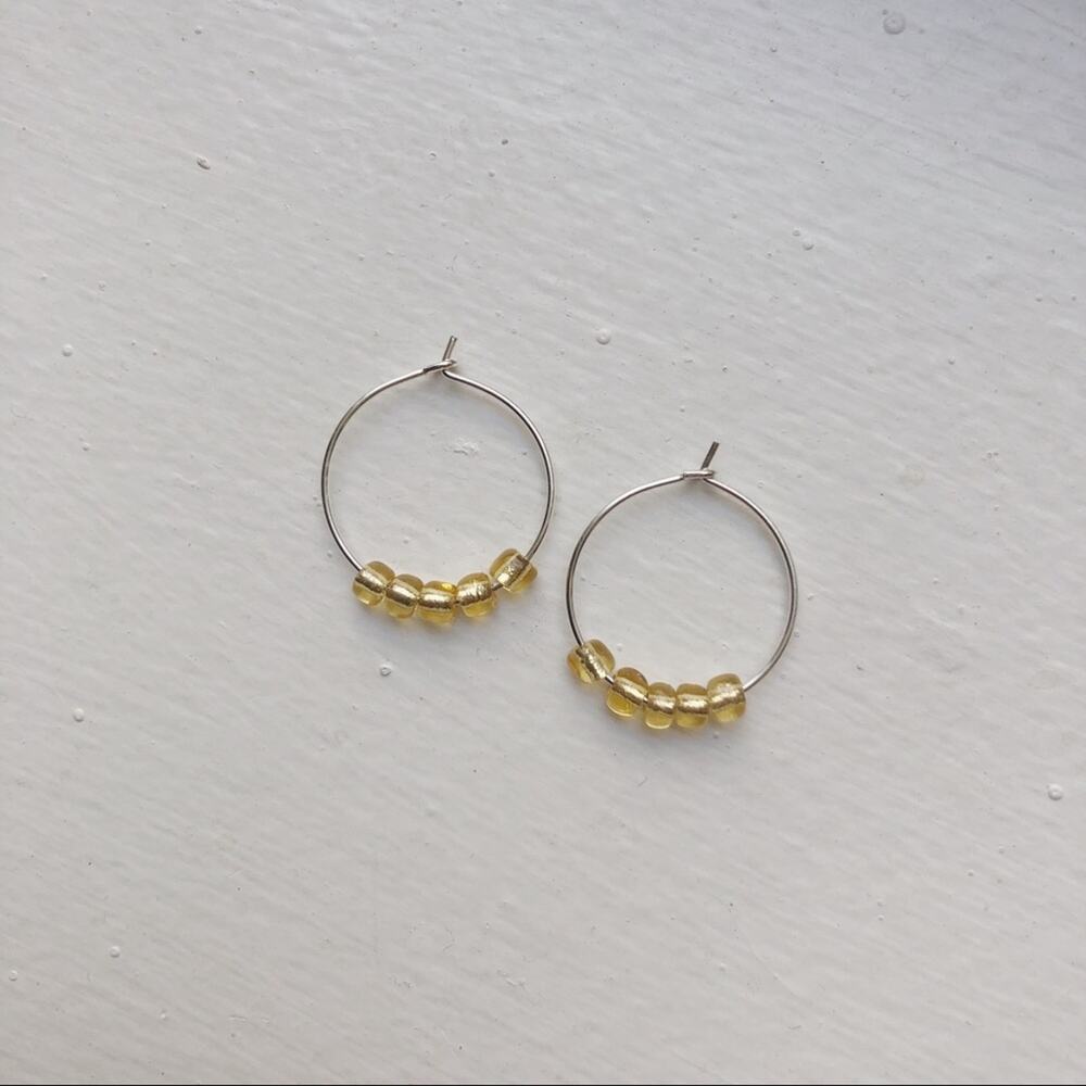 Champagne yellow handmade beaded silver hoop earrings 20mm
